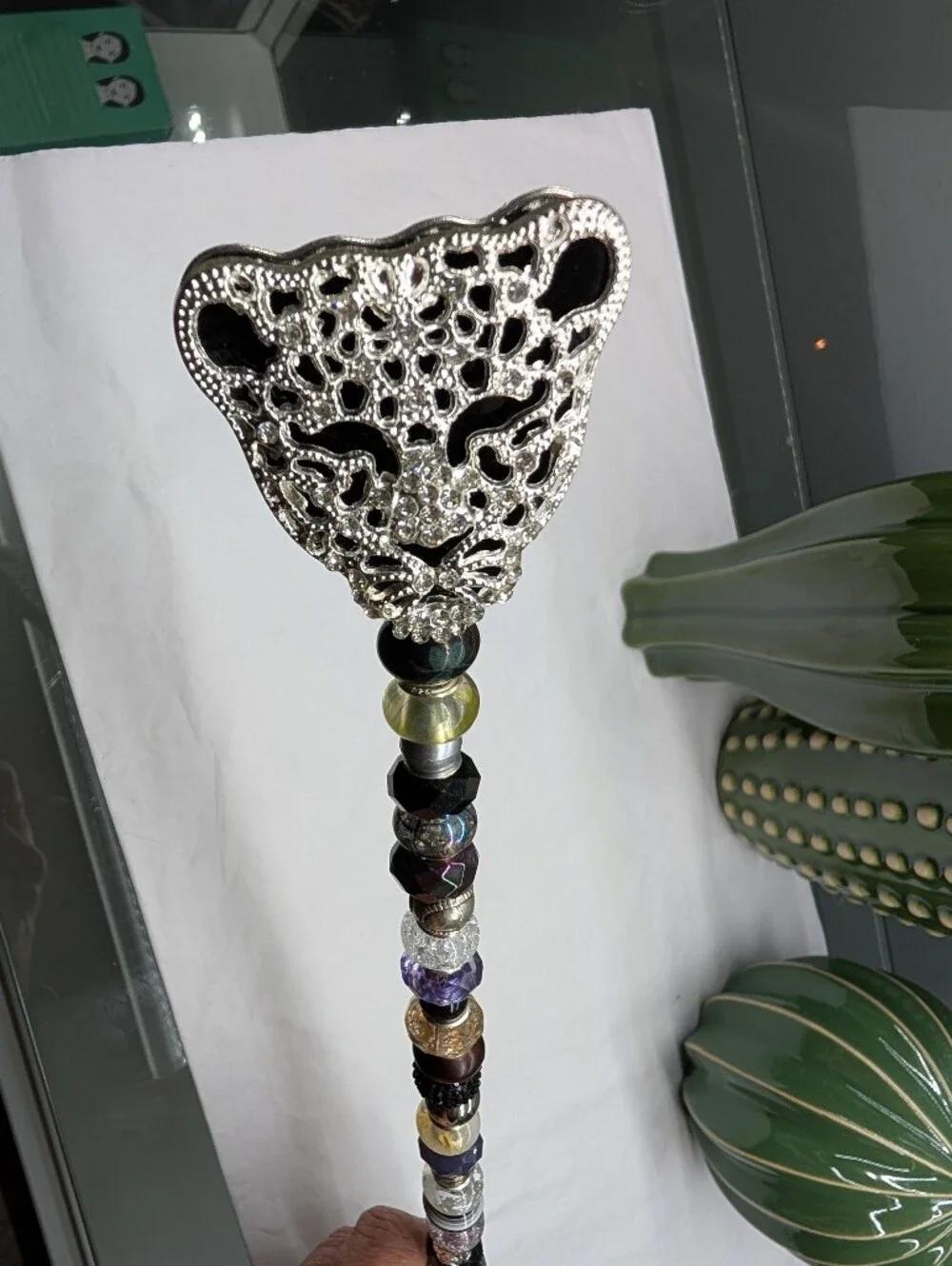 Hand Made Beaded Fairy Wand/Plant/Garden Stake W/Crystal Leopard Topper
